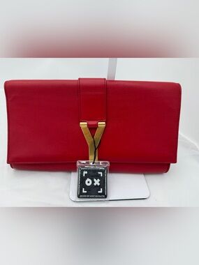 Authentic Saint Laurent Classic Y Ligne Leather Clutch - Red - YSL -W/COA